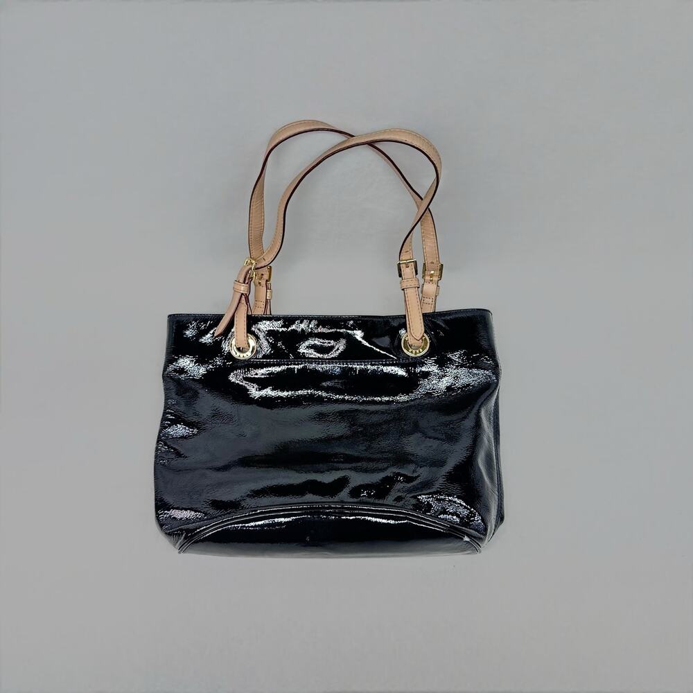 Michael Kors Black Patent Leather Tote Bag with Beige Straps